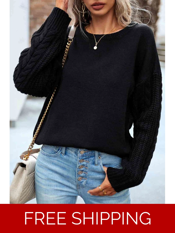 Cable-Knit Round Neck Drop Shoulder Sweater